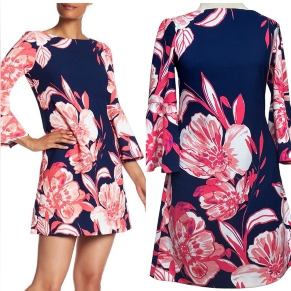 Eliza J Navy and Pink Floral Long Bell Sleeve Dress